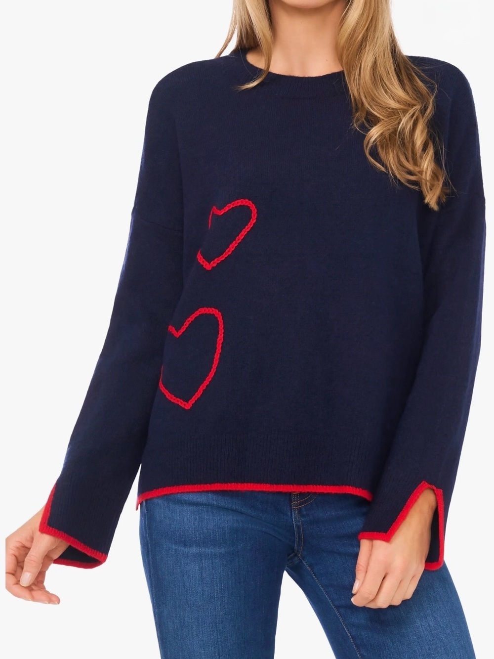 Cece Womens Embroidered Hearts Tipped Sweater Blue Size Large